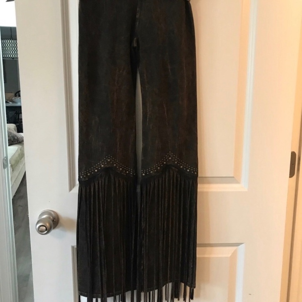T Party Fringe and Studded Acid Washed Flare Pants